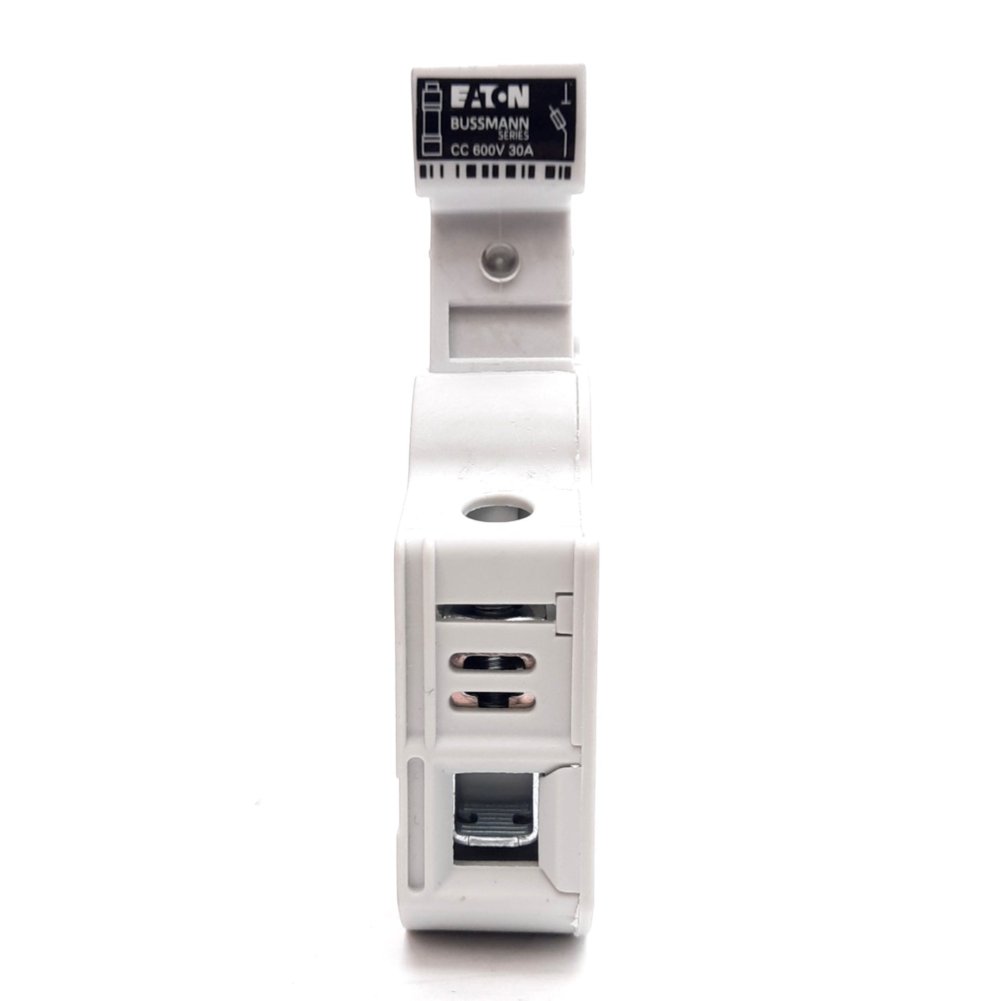 Used Bussmann CHCC1DIU Fuse holder, 1-Pole, 600V 30A, Class CC 10x38 Fuses, DIN Rail