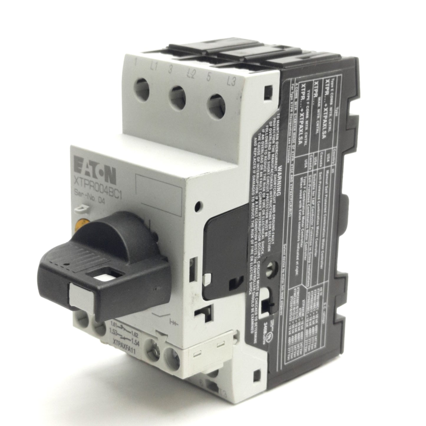 Used Eaton XTPR004BC1 Manual Motor Controller Starter, With XTPAXFA11, 3HP 600V Max
