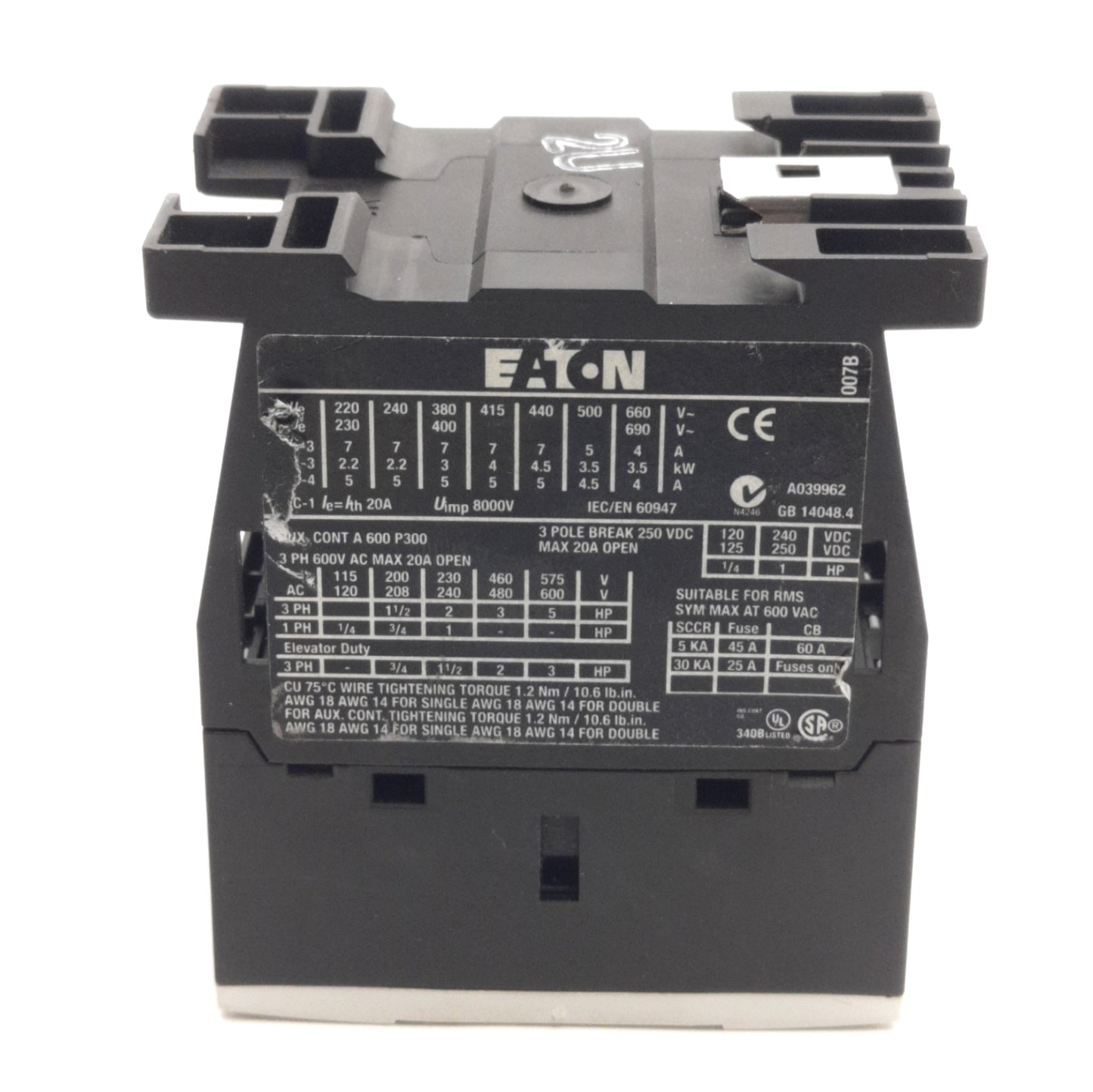 Used Eaton XTCE007B10 Contactor, 3-Pole, 1NO, 600VAC/250VDC 20A Max, 5HP, 24VDC Coil
