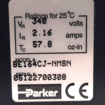 Used Parker BE164CJ-NMSN Brushless Servo Motor, NEMA 16, 340VDC 2.16A, 3.6lb-in, 200W