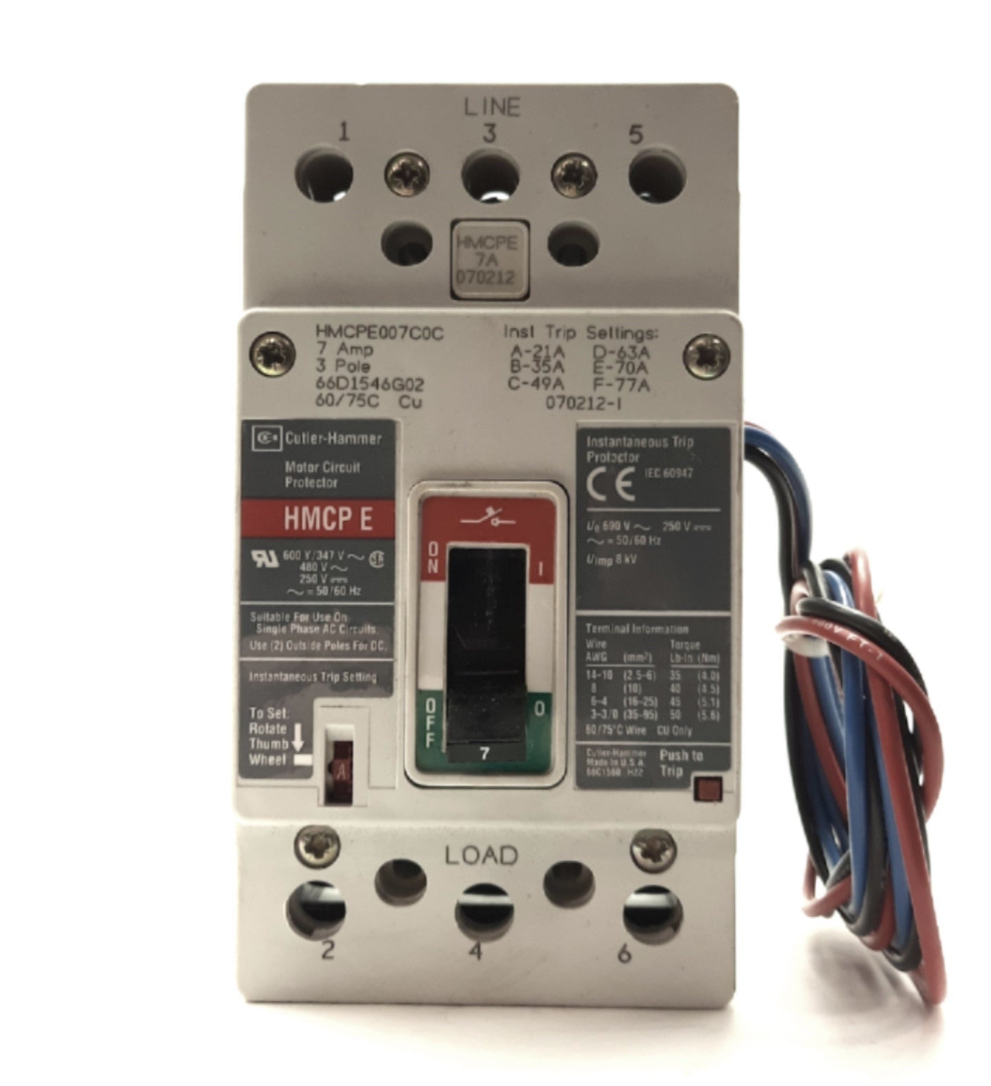 Used EATON Cutler-Hammer HMCPE007C0C Circuit Breaker, 3-Pole, 7A 600V w/Alarm