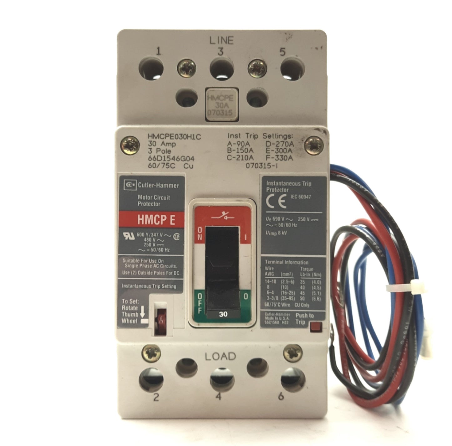 Used EATON Cutler-Hammer HMCPE030H1CB3 Circuit Breaker, 3-Pole, 30A 480V w/Alarm