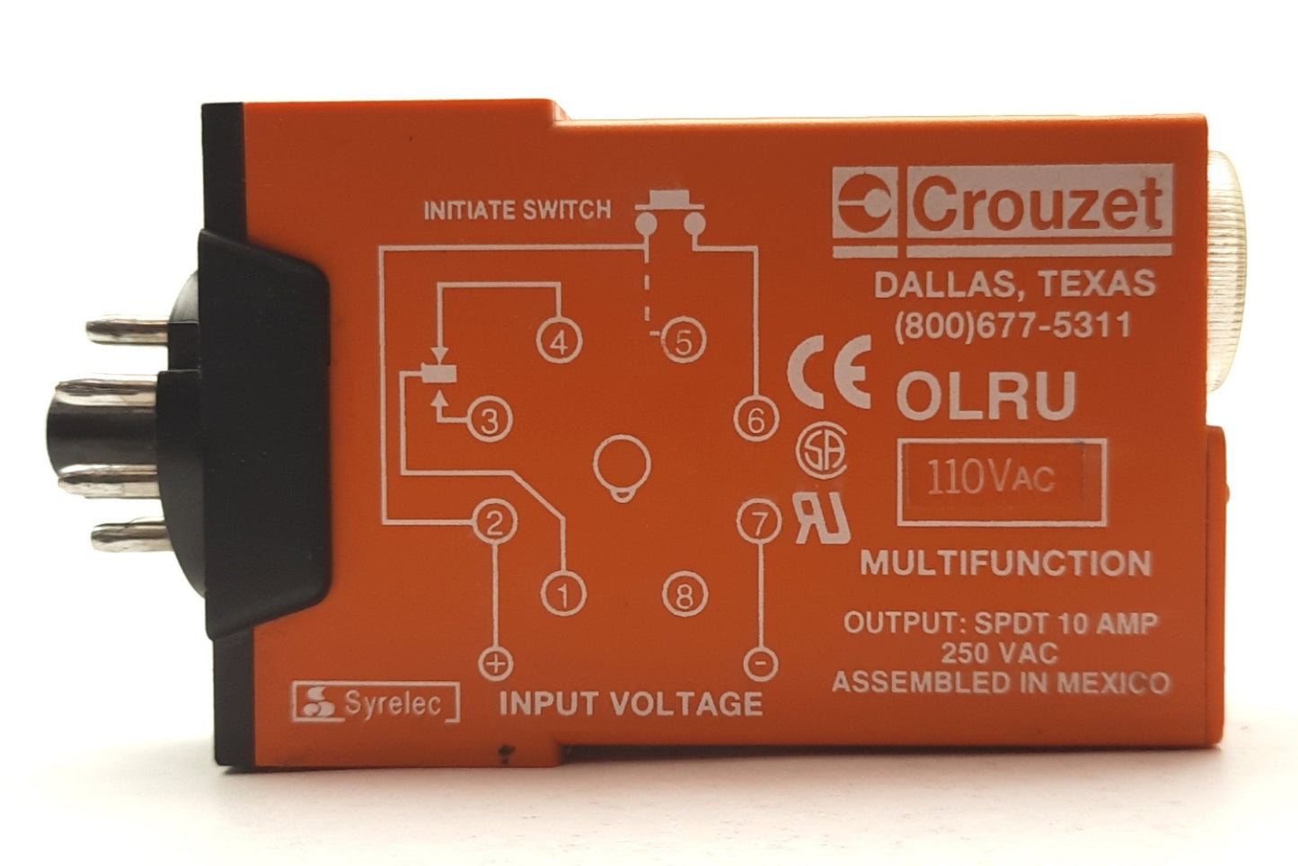 Used Crouzet OLRU-110A Time Delay Relay, .1sec-10Hours, SPDT 10A, 110VAC or 24VAC/DC