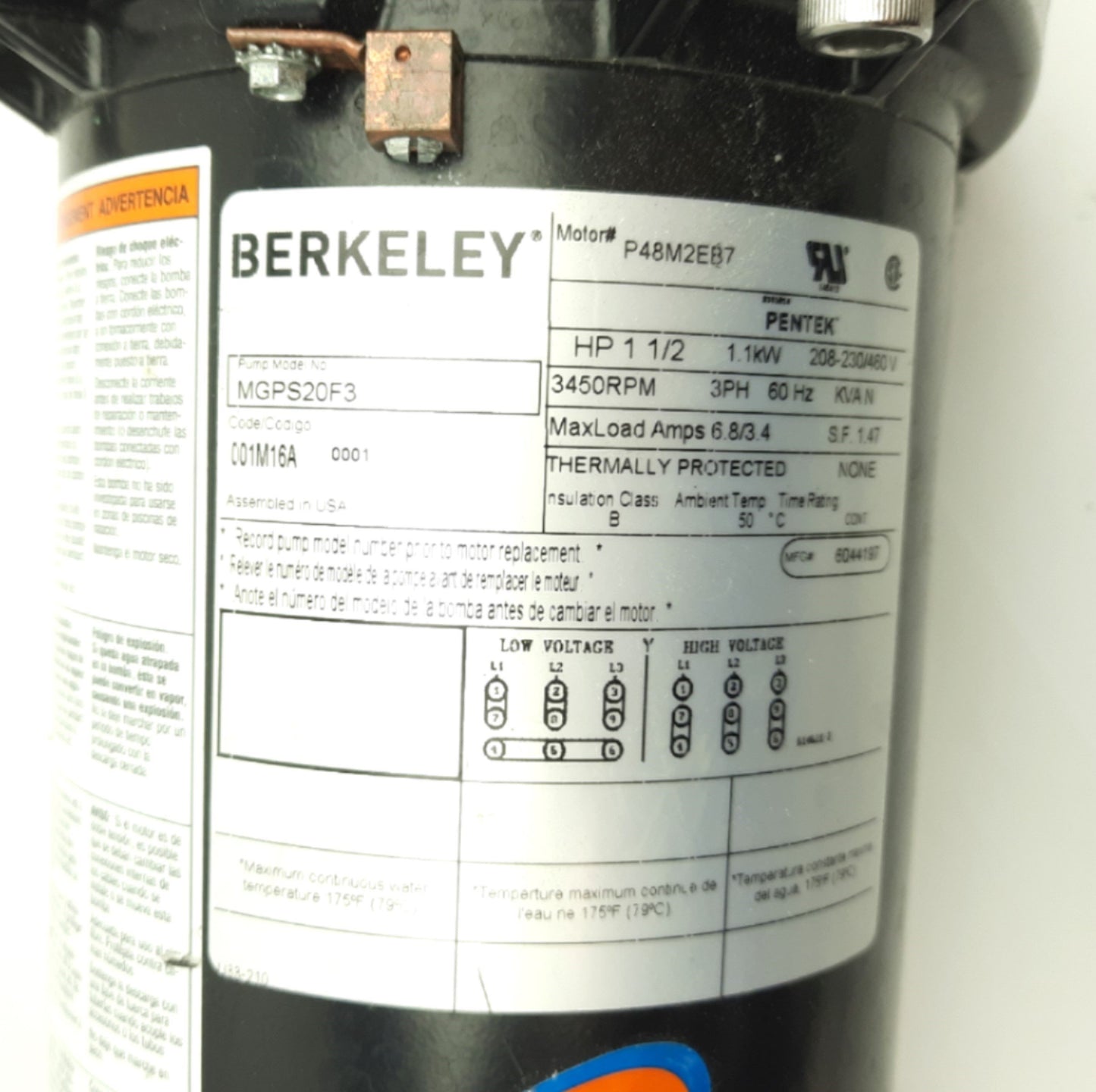 Used Berkeley MGPS20F3 Booster Pump 20GPM, 1-1/2HP, 3-PH, 208-230/460VAC, 1" NPT