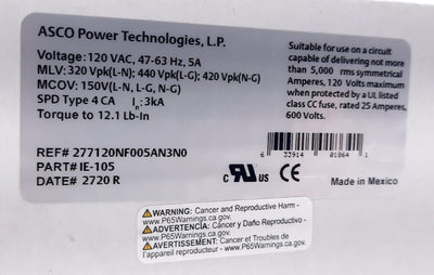 New ASCO IE-105 200 Series AC Power Noise Filter 5A, 120VAC Single Phase 0.5ns