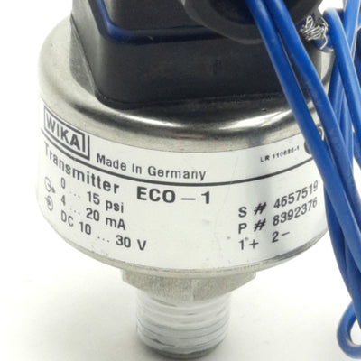 Used Wika ECO-1 Pressure Transmitter 0-15Psi Range, 4-20mA Output, 10-30VDC, 1/4"NPT