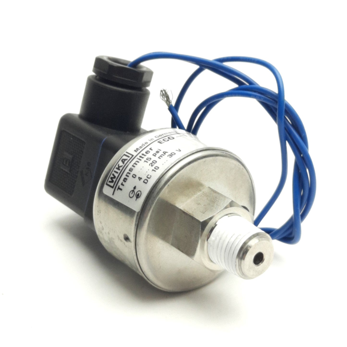 Used Wika ECO-1 Pressure Transmitter 0-15Psi Range, 4-20mA Output, 10-30VDC, 1/4"NPT
