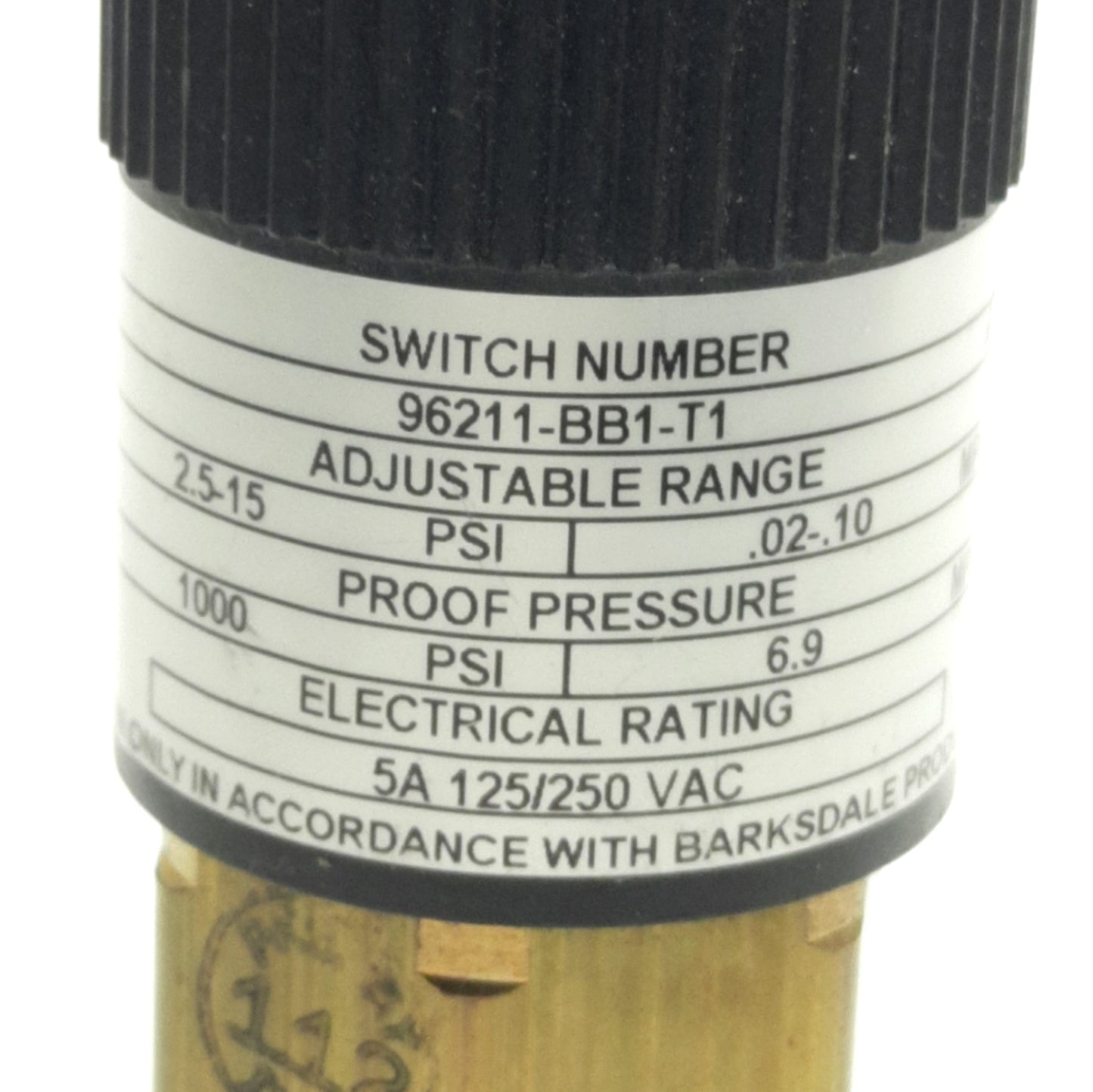 Used Barksdale 96211-BB1-T1 Pressure Switch 2.5-15Psi, SPDT 250VAC 5A, 1/4" NPT