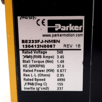 Used Parker BE233FJ-NMSN Servo Motor, 340V, 4990 RPM, 2000 Line Encoder, NEMA 23