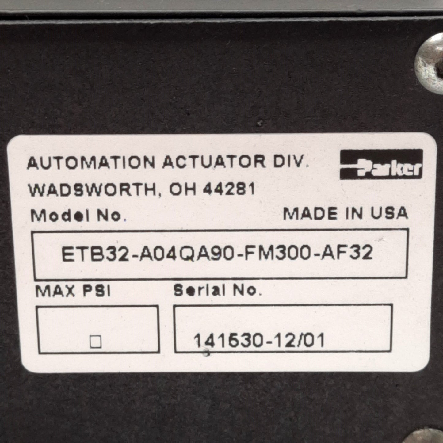 Used Parker ETB32-A04QA90-FM300-AF32 Electric Cylinder 1/4in Lead 300mm Stroke NEMA23