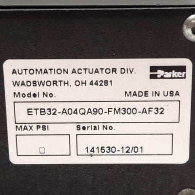Used Parker ETB32-A04QA90-FM300-AF32 Electric Cylinder 1/4in Lead 300mm Stroke NEMA23