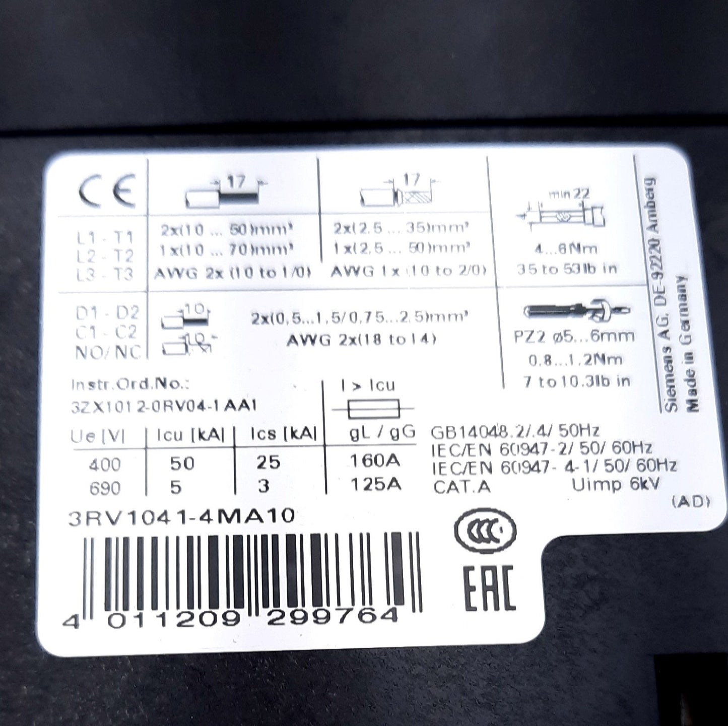New Siemens 3RV1041-4MA10 Circuit Breaker 3 Pole, 690V 80-100A, 6KV Surge,3RV1901-1E