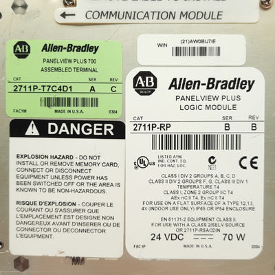 Allen Bradley 2711P-T7C4D1 Ser A Rev C PanelView Plus 700 HMI 7" USB/RS232 24VDC