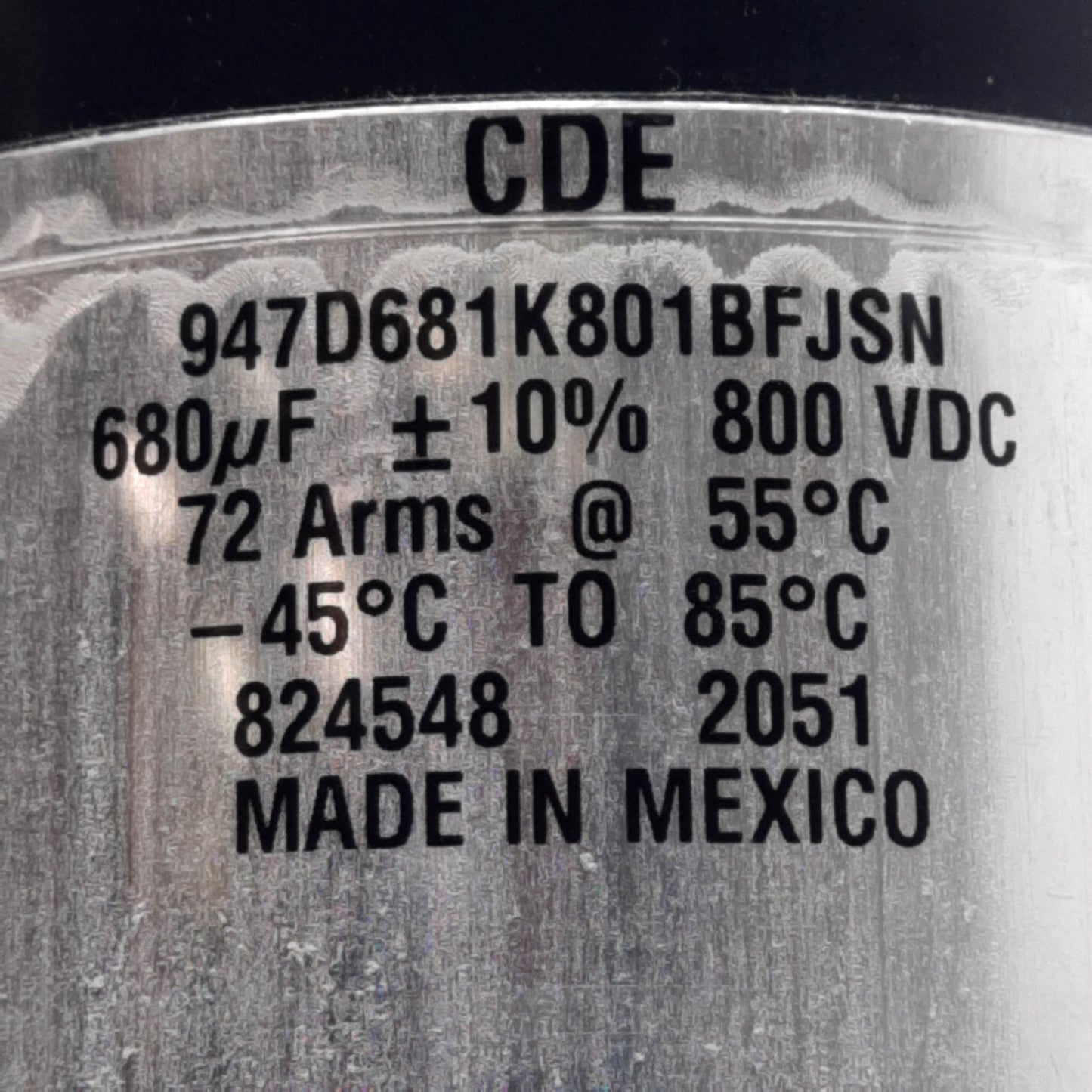 Used Cornell 947D681K801BFJSN DC Link Capacitor, 680µF, 800VDC, 72Arms, ø90mm, M8