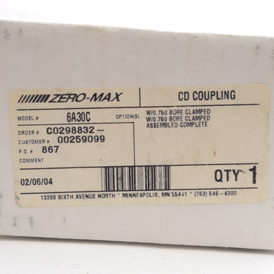 New Zero-Max 6A30C Single Clamp Composite Disc Coupling, ø3/4in Bores, 1600in-lbs