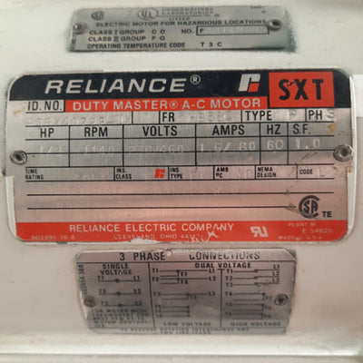 Used Reliance P56X4072P-UX Explosion Proof AC Motor 1/3HP 1140RPM HB56C 3Ø 230/460V