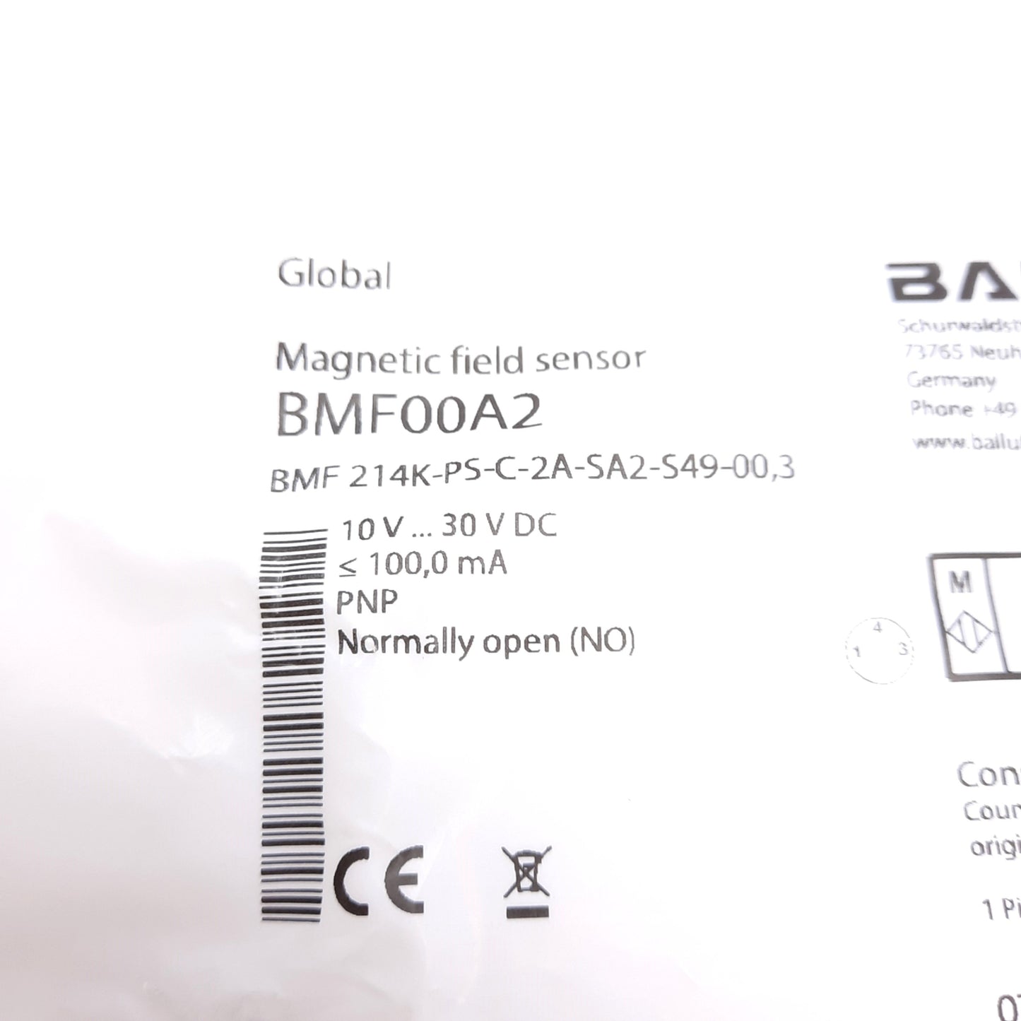 Used Balluff BMF00A2 Position Sensor, C-Slot, PNP Normally open, 10-30VDC, 3-Pin M8
