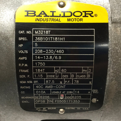 Used Baldor M3218T Industrial Motor 5HP, 208-230/460VAC 60Hz 3-Phase, 1750RPM