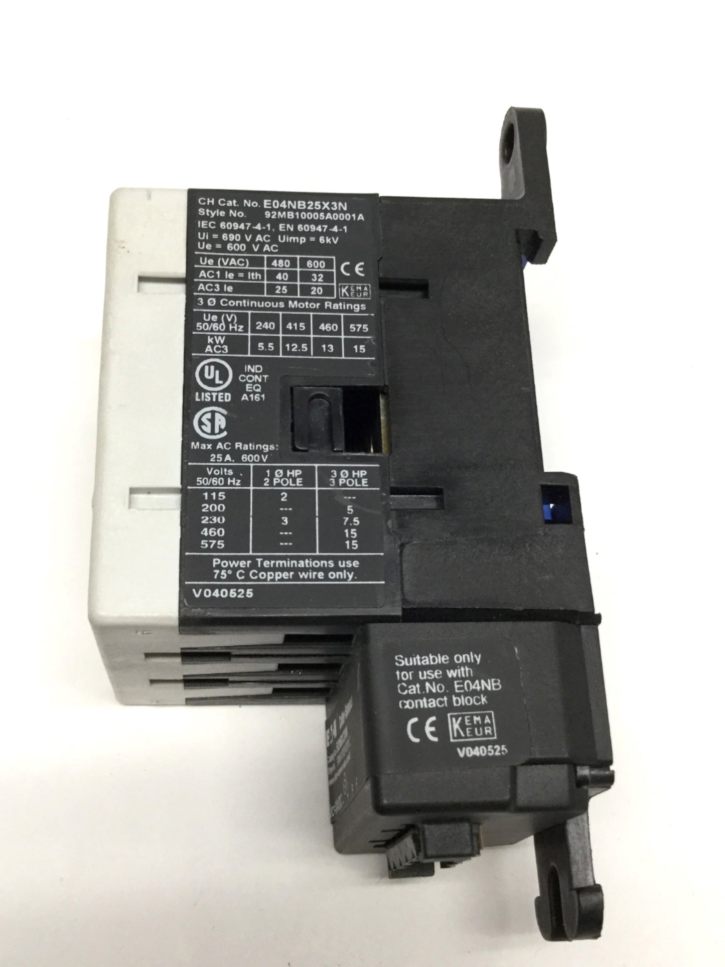 Used Eaton E04NB25X3N Contactor Starter With E02NBXCXNN 24VDC Coil, 600VAC 25A 3-Pole