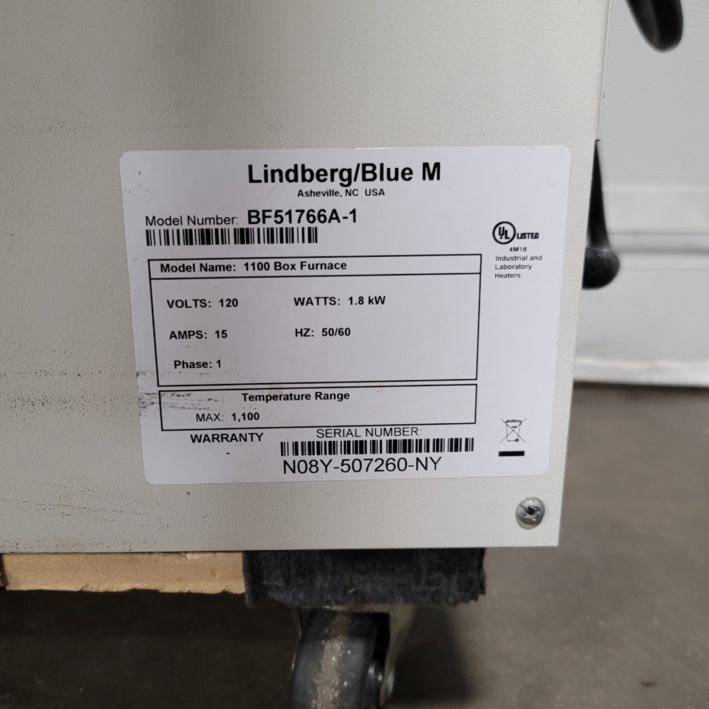 Used Lindberg Blue M BF51766A-1 Moldatherm Box Furnace 5.3L Cap 100-1100°C 120VAC 15A