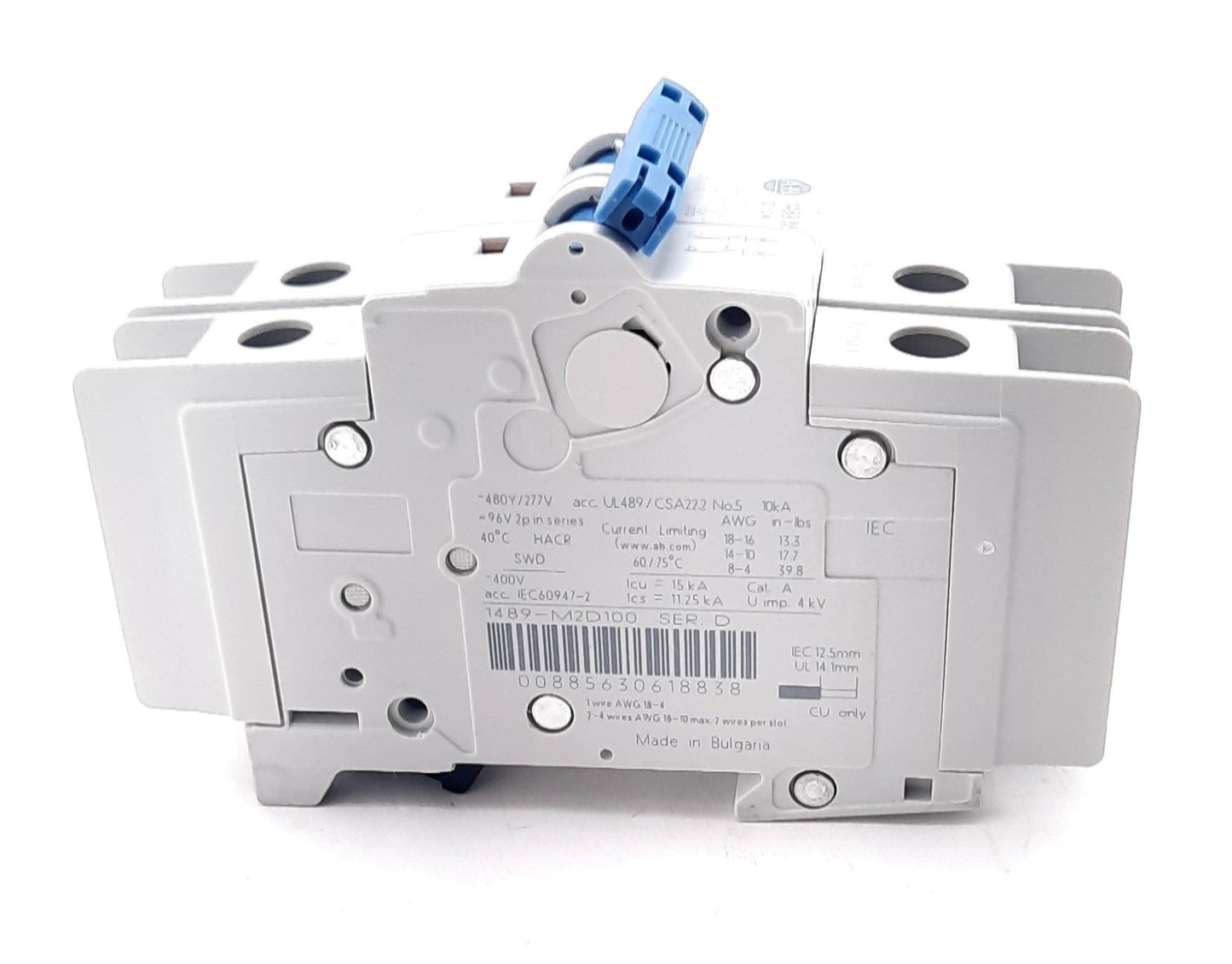 New Allen Bradley 1489-M2D100 Circuit Breaker, 2-Pole, D-Curve, 480Y/277VAC 10A