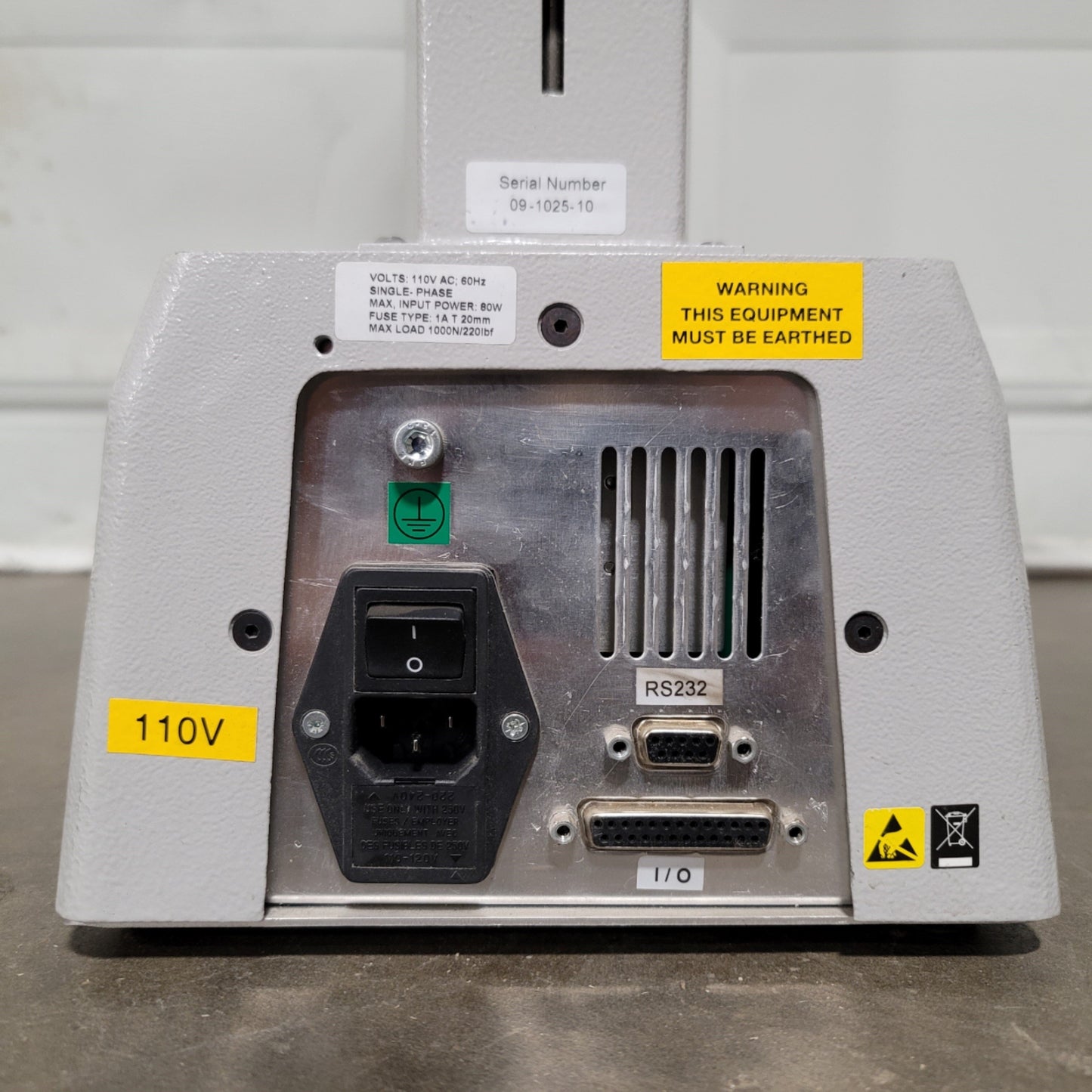 Used Mecmesin MultiTest 1-d Motorized Tension Compression Test Stand 1kN, 20", 120VAC