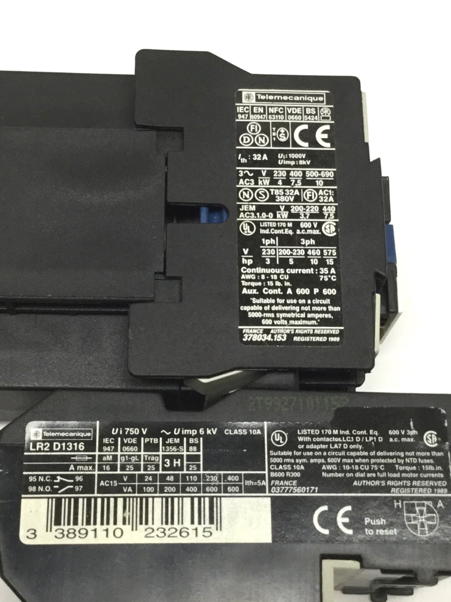 Used Telemecanique LP1D1810BD Contactor, 24VDC Coil, 32A, 3-Pole+1NO w/Overload Relay