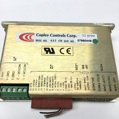 Used Copley 412CE DC Brush Servo Amplifier 24-90VDC In, 10A@80VDC Cont, 20A Peak