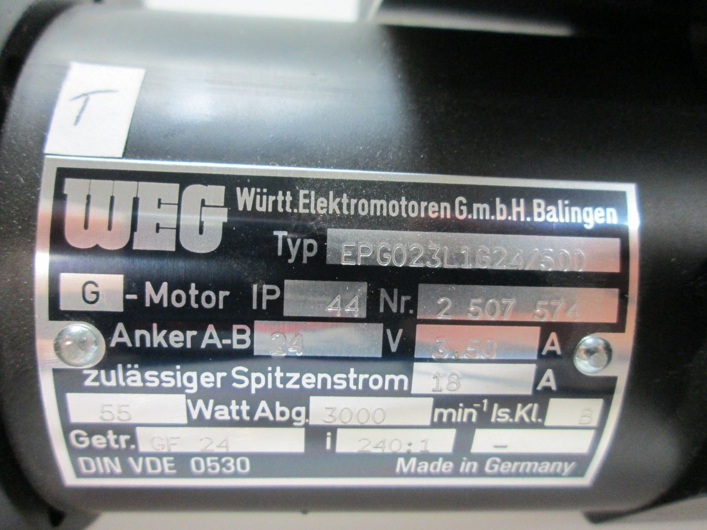 Used WEG EPG 023L1 G24 Gearmotor 240:1 12.5RPM Output 24VDC 3.5A 14mm Shaft