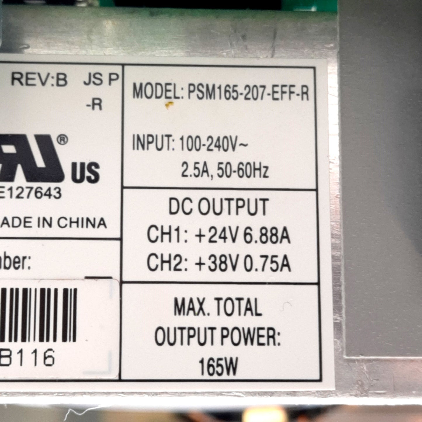 Used CAB PSM165-207-EFF-R Power Supply, 100-240VAC 2.5A IN, 24/38VDC 6.88A/0.75A OUT