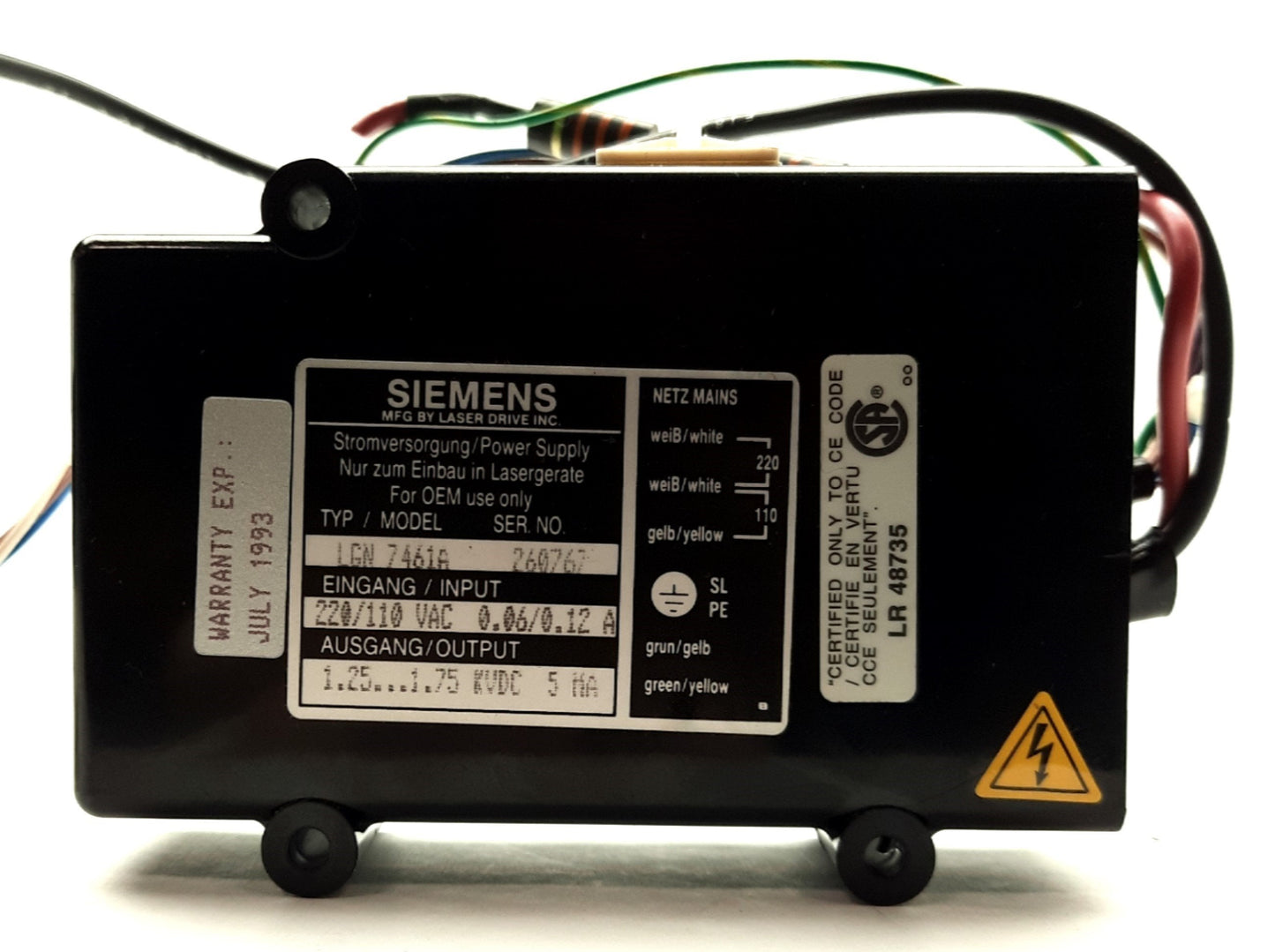 Used Siemens LGN 7621A LASER Tube Power Supply, 1.25-1.75kVDC 5mA Out, 110/220VAC In