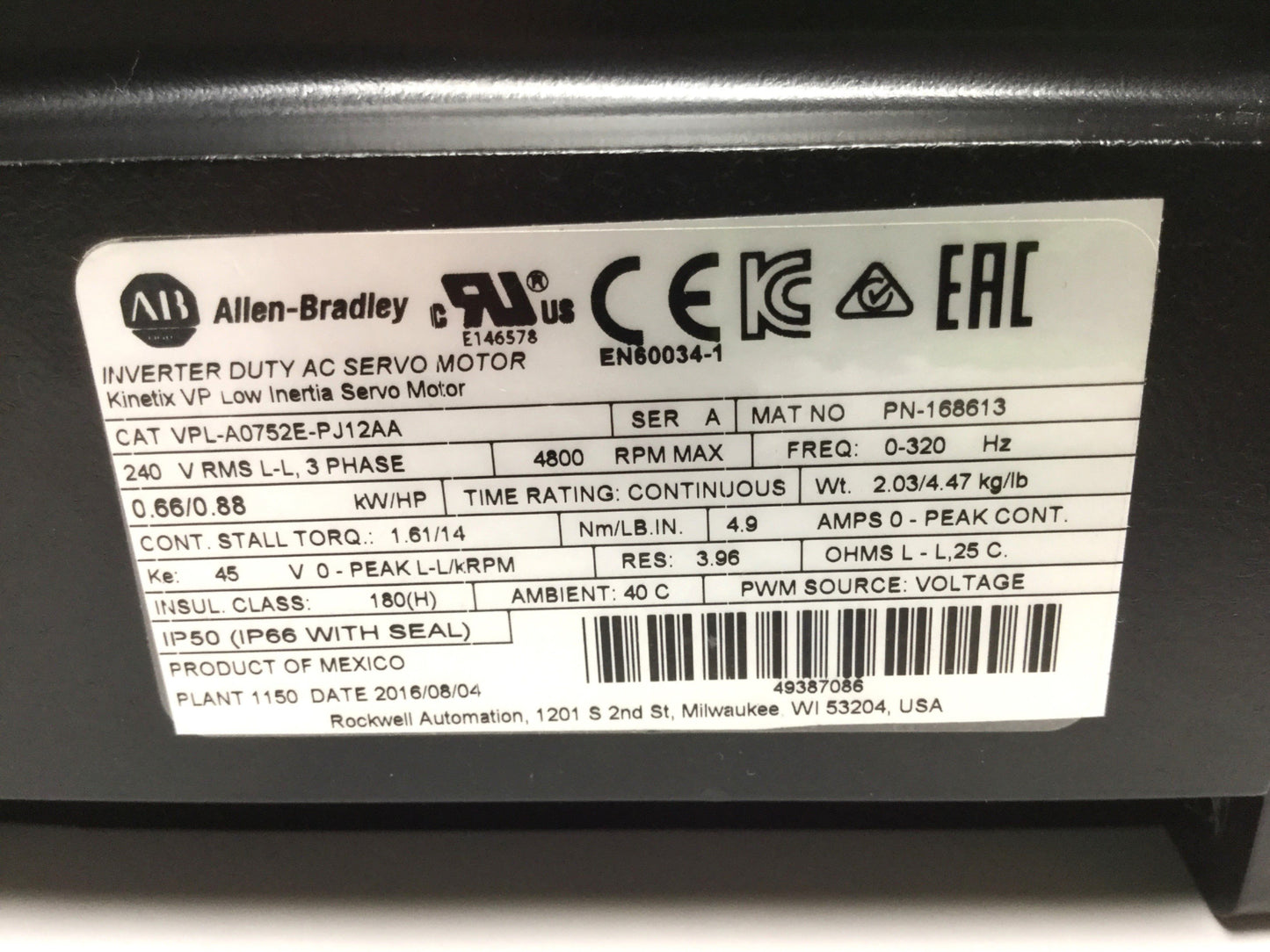 Used Allen Bradley VPL-A0752E-PJ12AA Kinetix Inverter Duty AC Servo Motor 240VAC 3PH