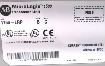 Used Allen Bradley 1764-LRP Ser B Rev C Frn 5 MicroLogix 1500 Processor Unit, 5VDC