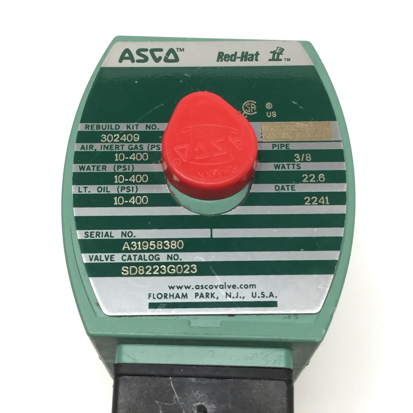 Used ASCO SD8223G023 Red Hat Solenoid Brass Valve 2-Way NC, 3/8" NPT, 24VDC, 400psi