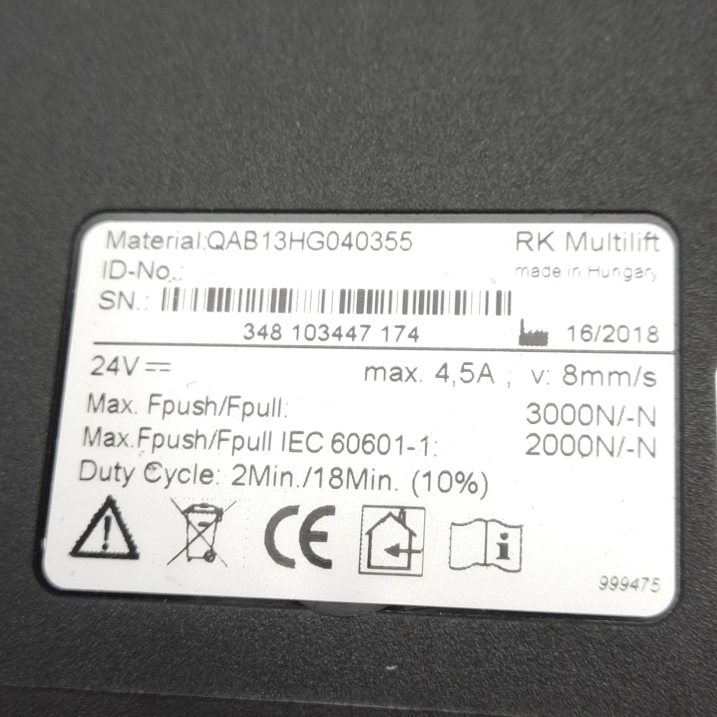 Used Rose+Krieger QAB13HG040355 Multilift 350, 355mm Travel 24VDC *Broken Base Plate*