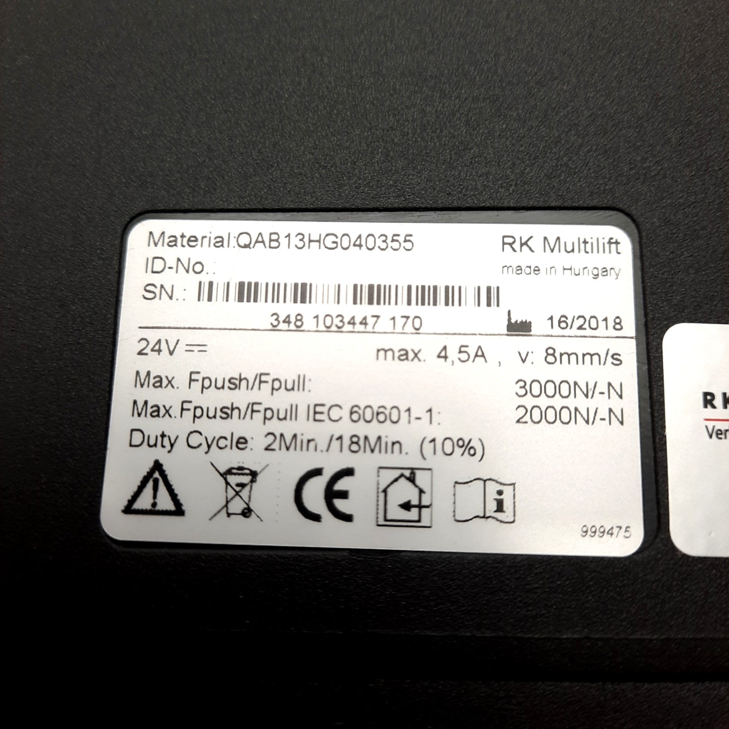 Used Rose+Krieger QAB13HG040355 Multilift 350, 355mm Travel, 3000N Push, 24VDC