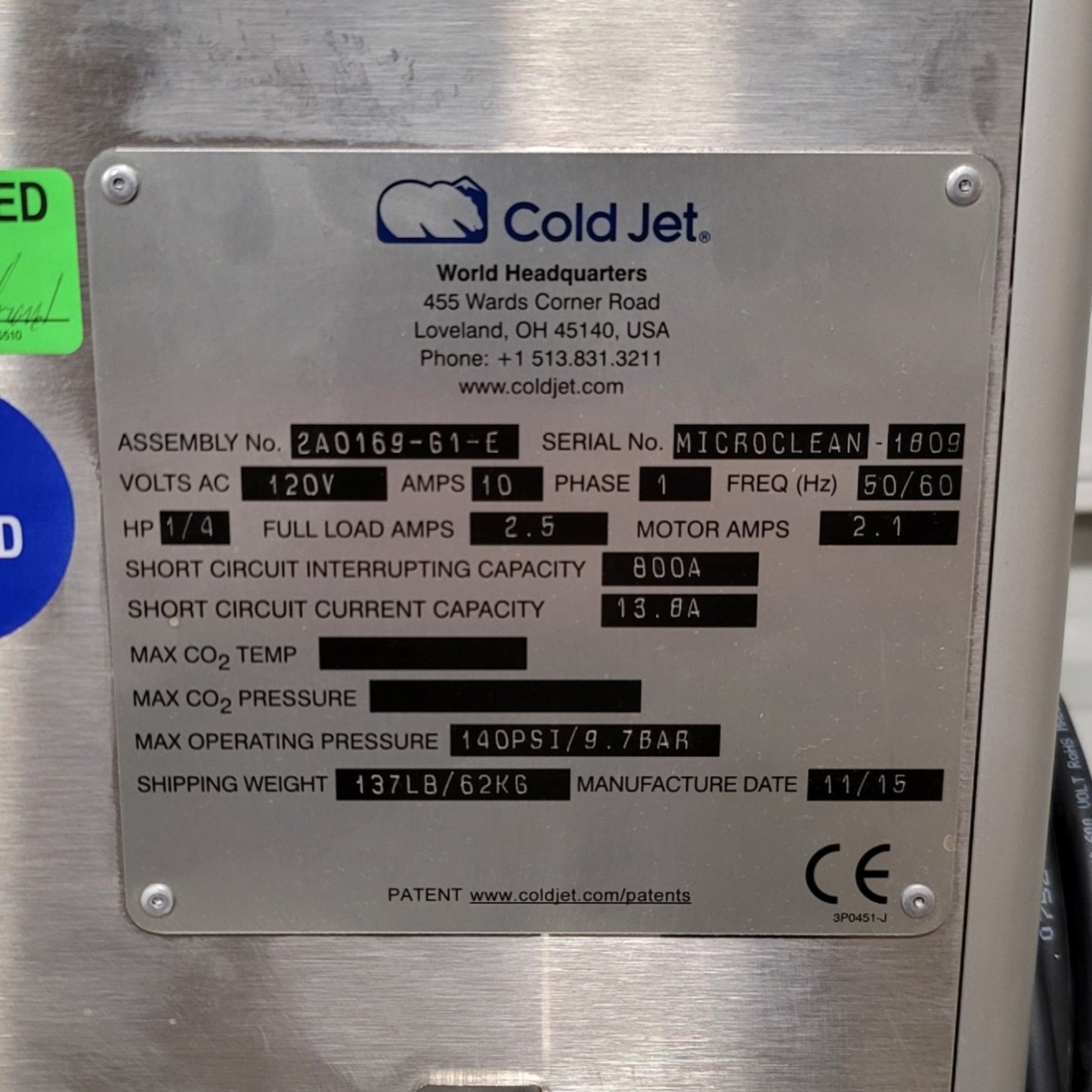 Used Cold Jet 2A0169-G1-E i³ MicroClean Precision Dry Ice Blaster 0-1.2lbs/min 140psi