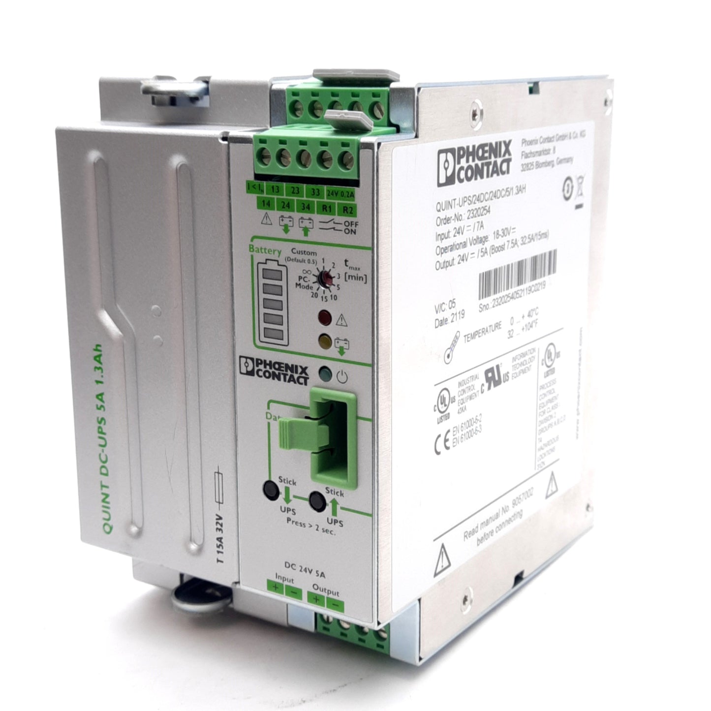 Used Phoenix Contact 2320254 Uninterruptible Power Supply 24VDC IN/OUT *No Battery*