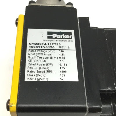 Used Parker Compumotor CM230FJ Brushless DC Servo Motor 340VDC, NEMA 23, 3.3in-lb