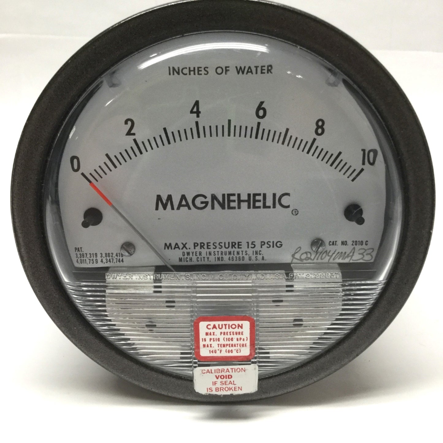 Used Dwyer 2010C Magnehelic Differential Pressure Gauge, 0-10" of Water, 15psi, ⅛"NPT