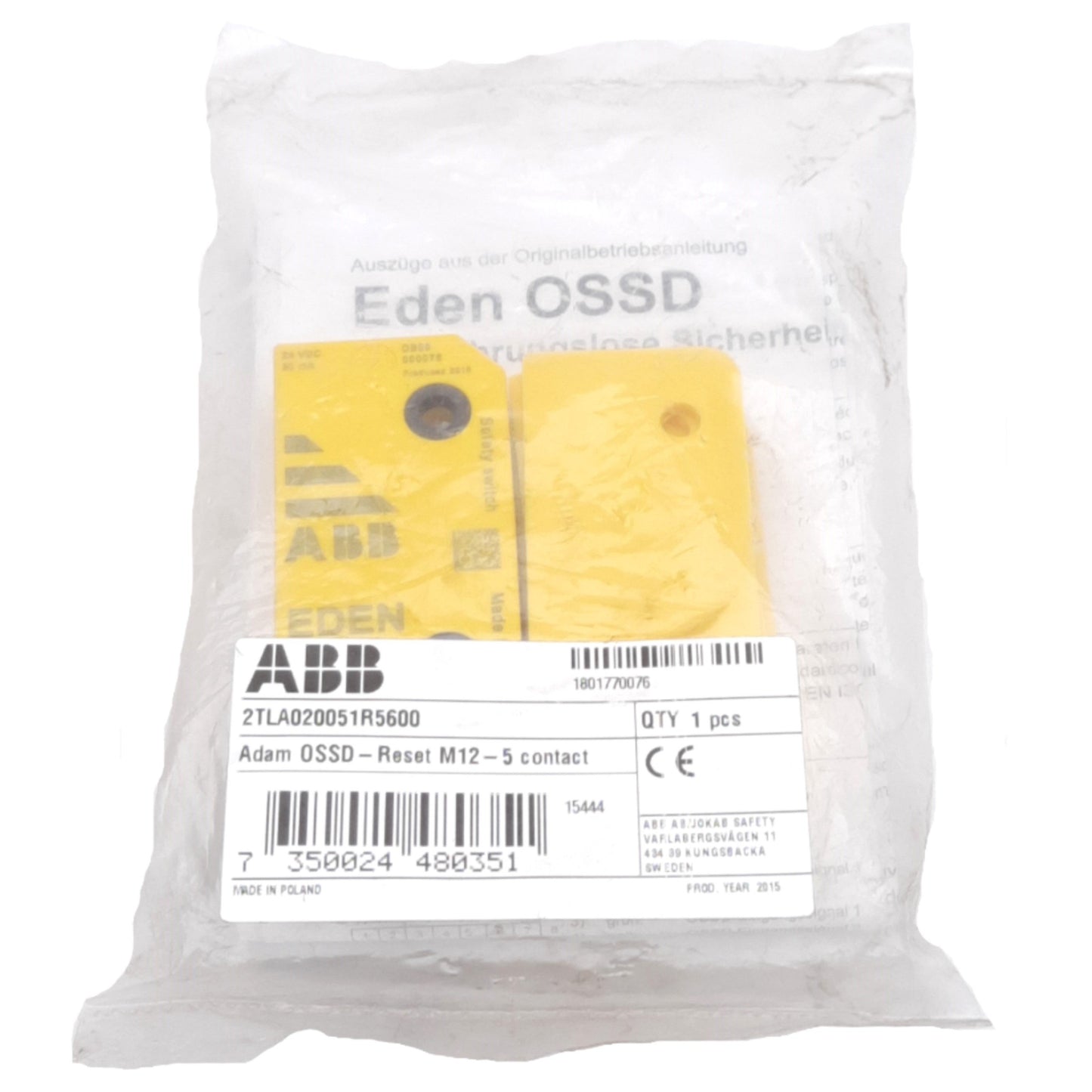New ABB 2TLA020051R5600 Adam OSSD-Reset Proximity Sensor, 15±2mm, 24VDC, M12 5-Pin