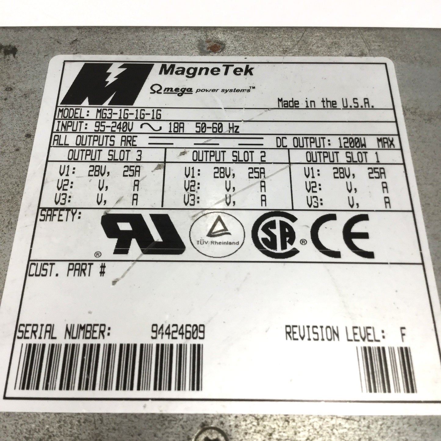Used Magnetek MG3-1G-1G-1G Modular Power Supply 100-240VAC In, 3x 28VDC 25A Out 1200W