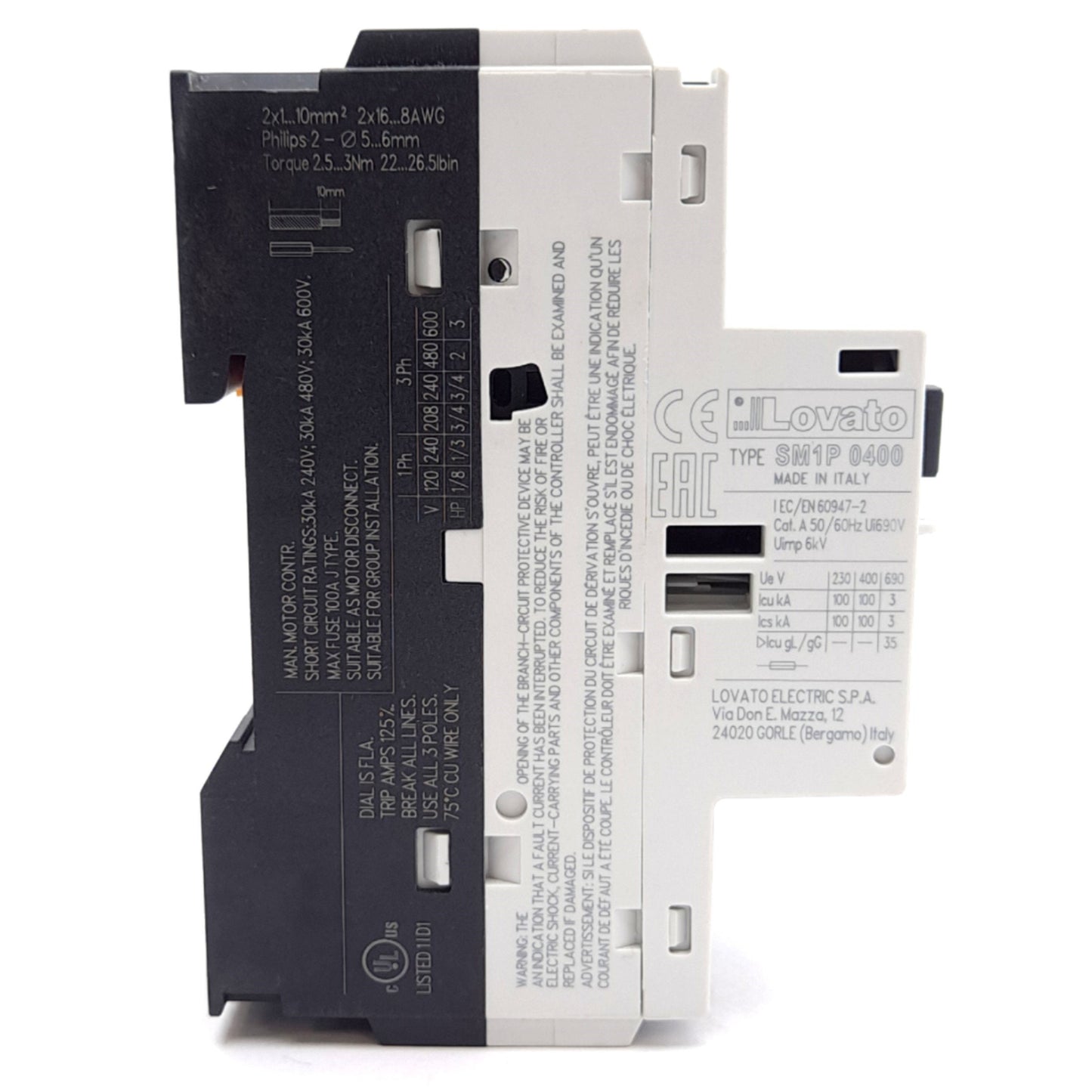 New Lovato SM1P0400 Motor Protection Circuit Breaker, 3 Poles, 1HP, 2.5-4A Range