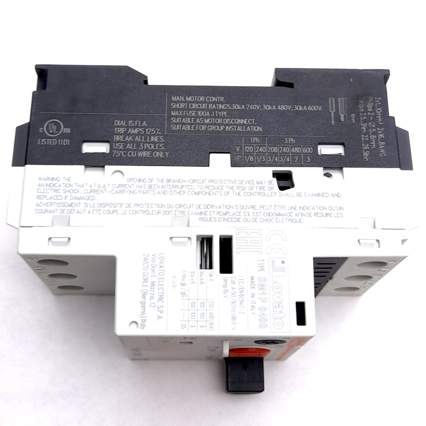 New Lovato SM1P0400 Motor Protection Circuit Breaker, 3 Poles, 1HP, 2.5-4A Range