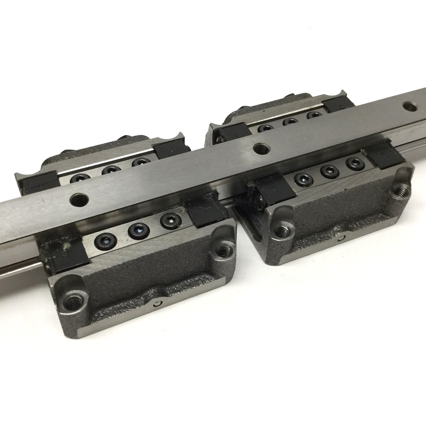 Used IKO LWA 15 Adjustable Preload Linear Ball Bearing Carriages (x2) on 865mm Rail