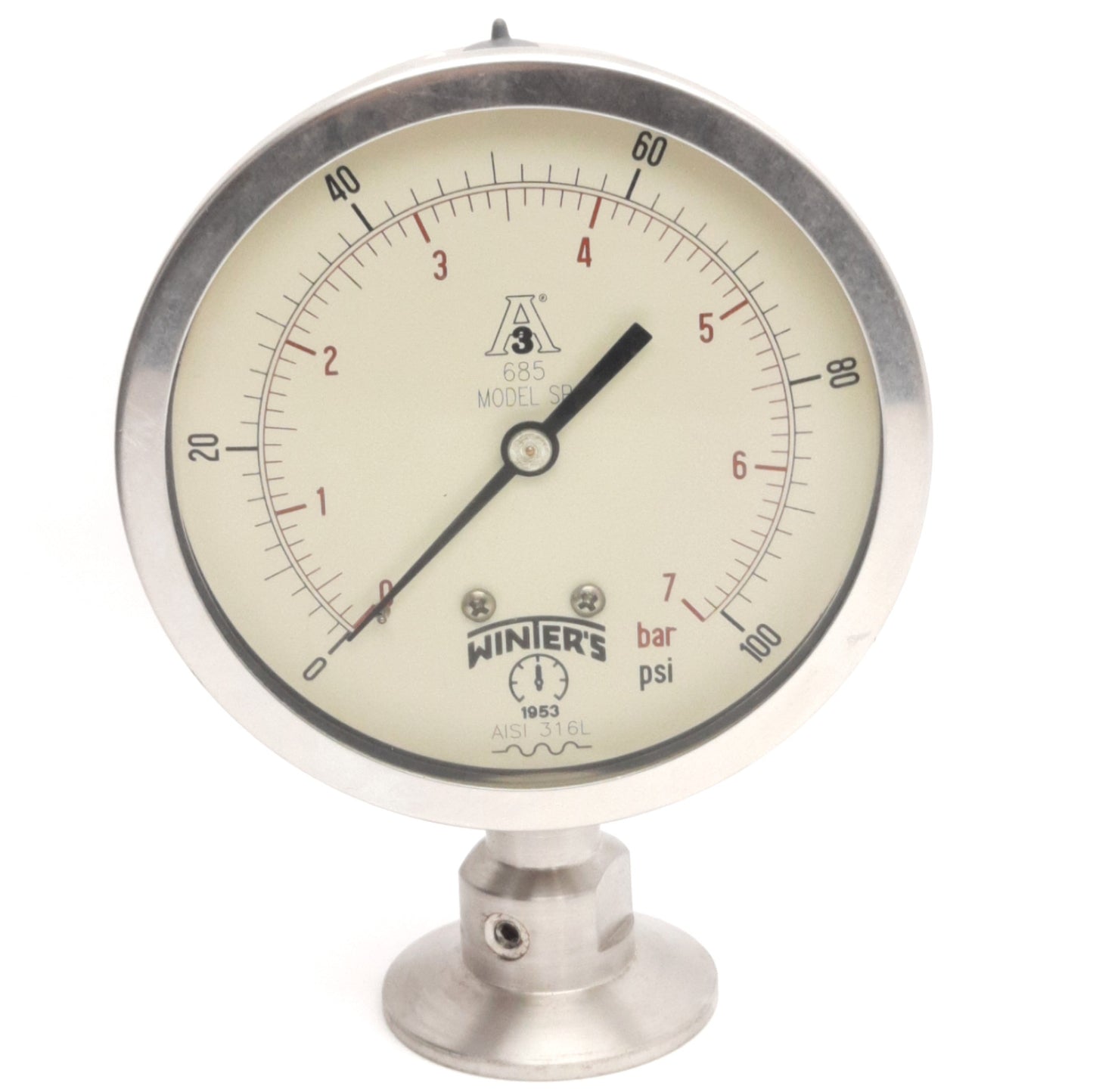 Used Winters Model SP685 Pressure Gauge, 0-100psi/0-7bar, 2in Tri-Clamp Sanitary