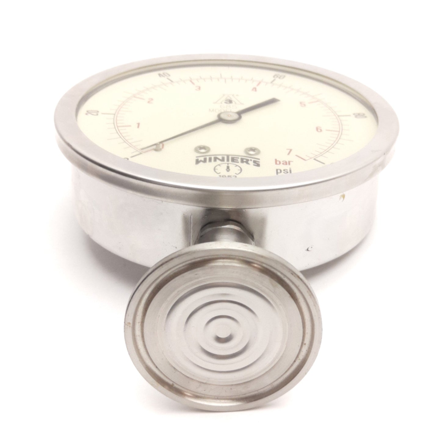 Used Winters Model SP685 Pressure Gauge, 0-100psi/0-7bar, 2in Tri-Clamp Sanitary