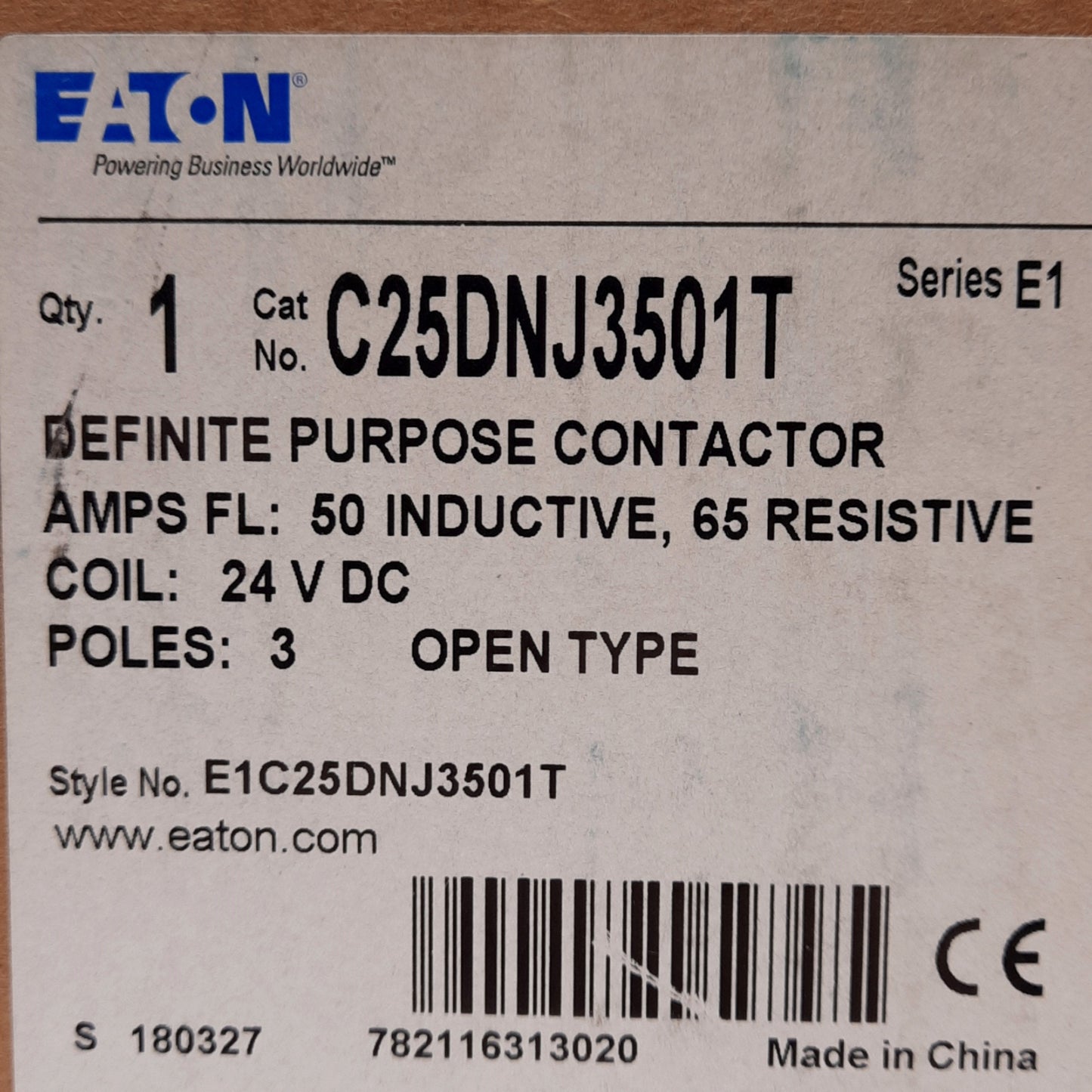 New Eaton C25DNJ3501T Contactor, 3-Pole, 50A, 1NC Aux, 15-50 A Frame, 24VDC Coil