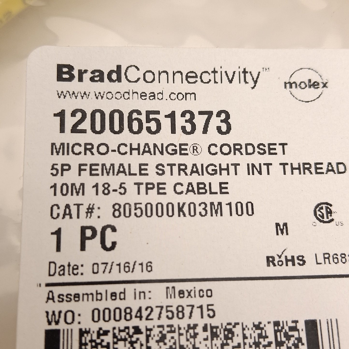 New Brad Connectivity 1200651373 Micro-Change Corset, 5-Pole, M12 Female, 10m Long