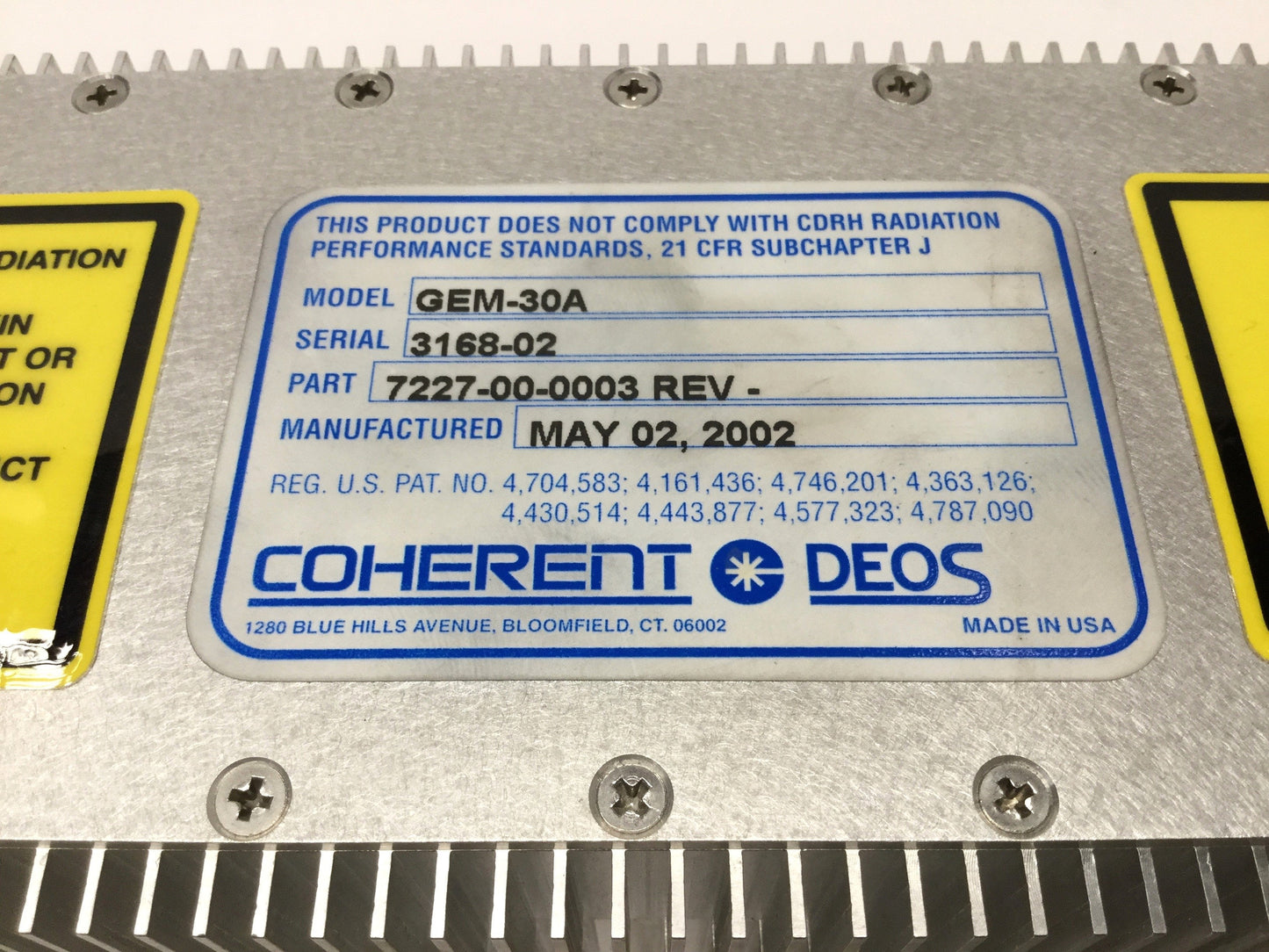 Used Coherent GEM-30A Industrial CO2 Laser Head, 30W, 10.6µm, ø1.8mm Beam, 48VDC 12A
